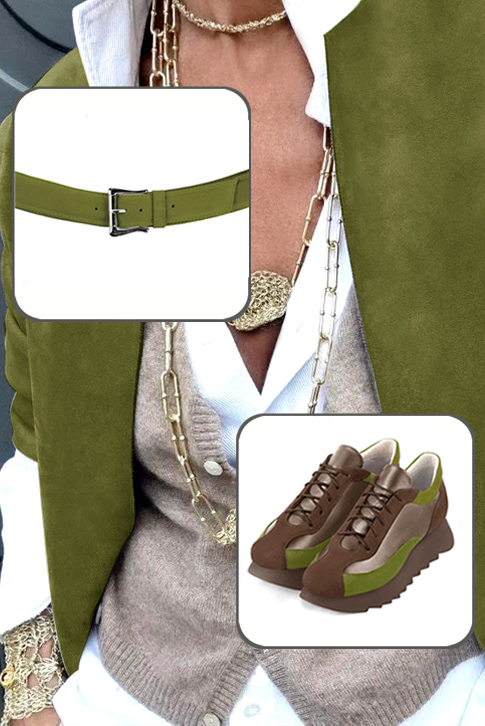 Chocolate brown, bronze gold and pistachio green women's elegant sneakers. Round toe. Low rubber soles. Worn view - Florence KOOIJMAN